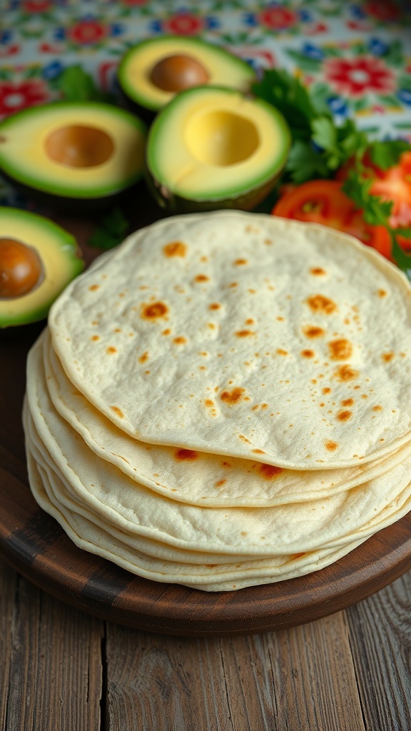 A stack of soft tortillas on a wooden table with fresh ingredients for tacos.